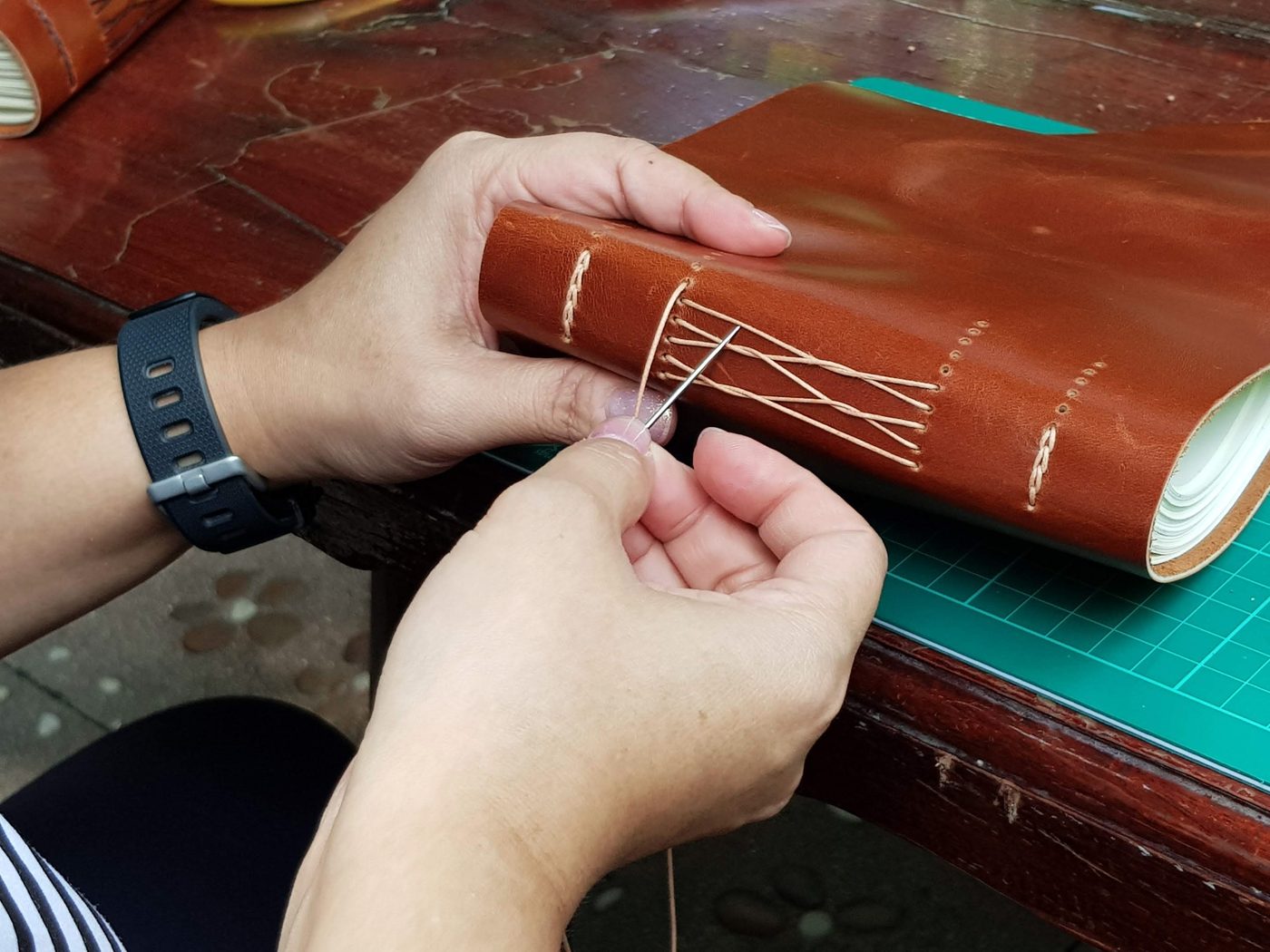 Bookbinding and leatherwork close-up