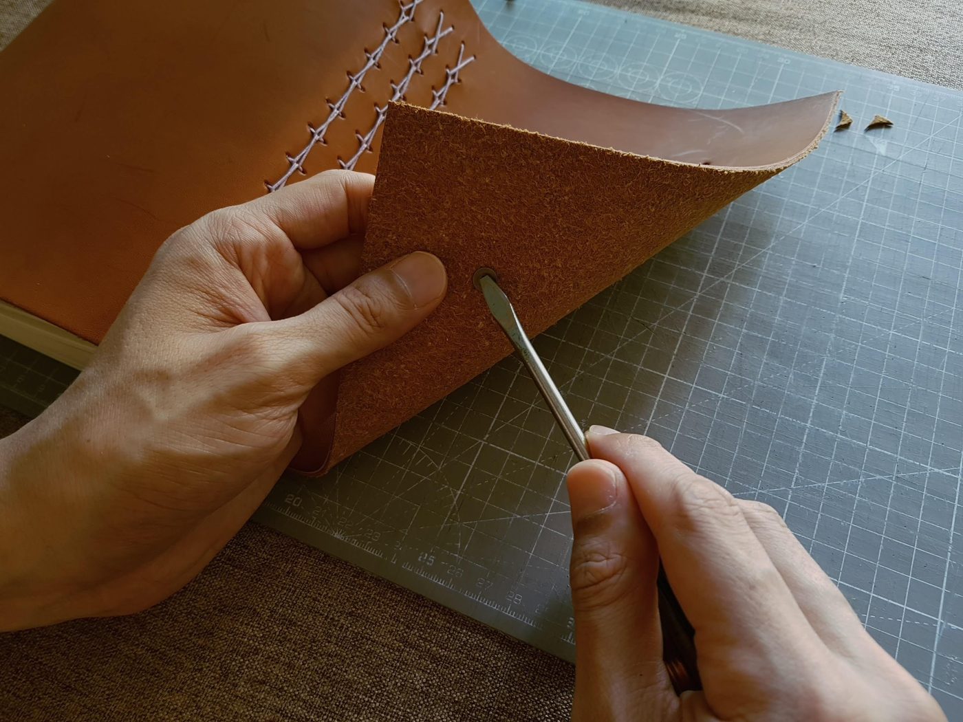 Bookbinding and leatherwork close-up